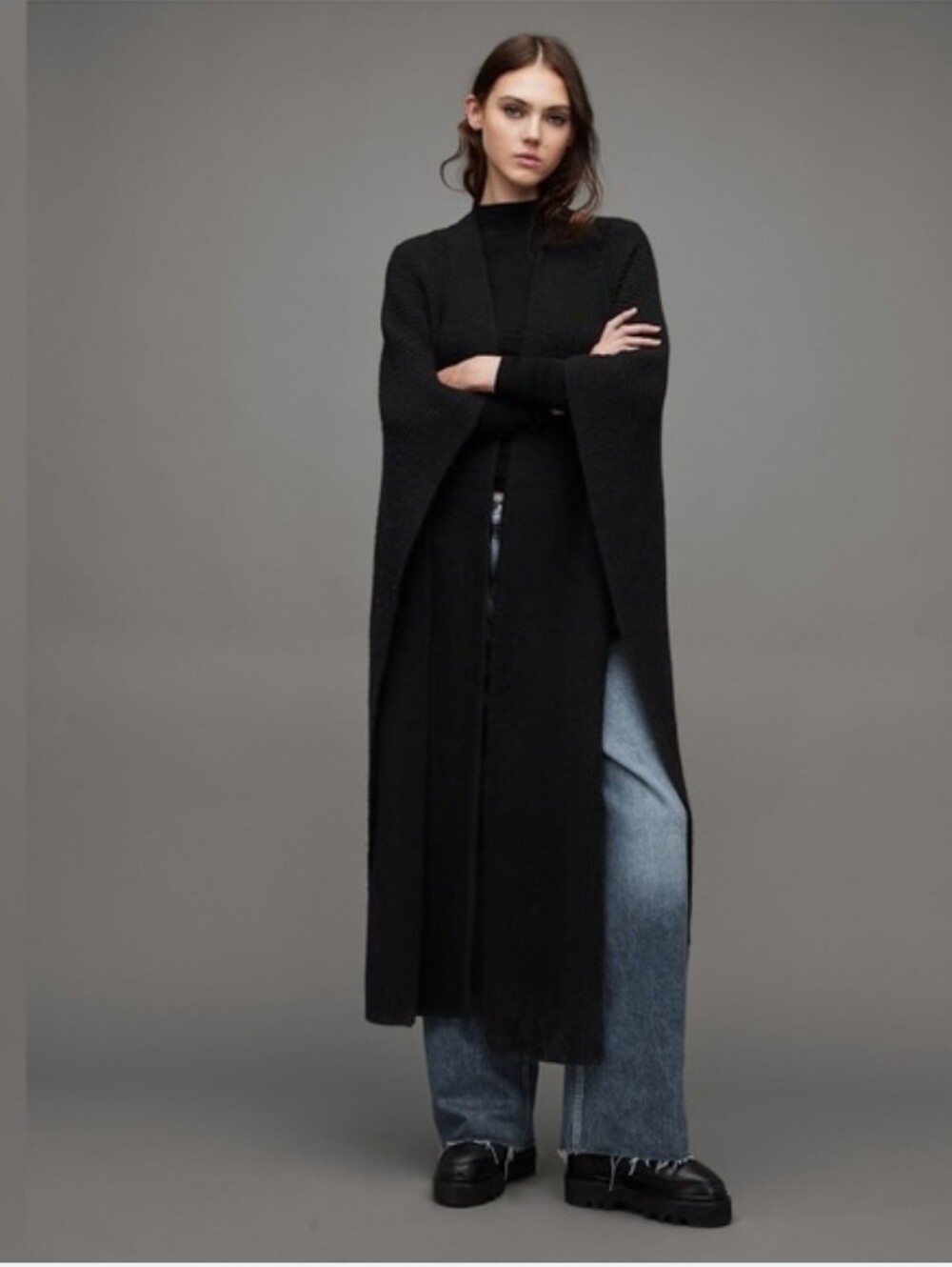 All Saints Farren Maxi Length Ribbed Ruana Scarf OS